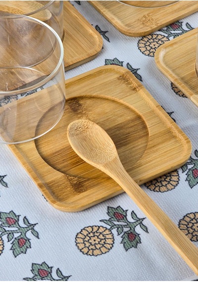 Borosilikat Cam Sufle Seti - Bambu Tabaklı 4lü Kase Takımı - 12 Parça - 250 Ml Cam