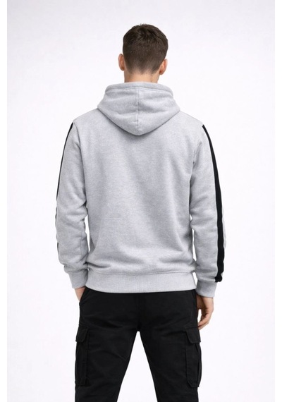 Erkek Şeritli Kapüşonlu Oversize Sweatshirt 3 İplik Pamuklu Hoodie - Beyaz