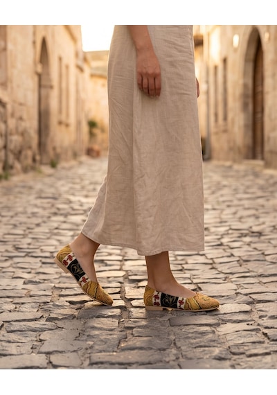 Futsishoes Vıttorıa Hakiki Deri Etnik Desenli Kadın Sarı Kilim Desenli Babet