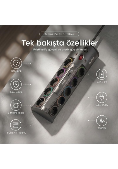 Prz01 Prizhive 3 Metre 1860 Joule 1.5mm 1 Usb 1 Typec 2.1a/5v 16a 250v 3680w 10lu Akım Korumalı Priz Diğer