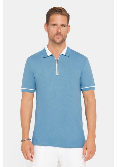 Tudors Erkek Slim Fit Dar Kesim %100 Pamuk Düz Pike Fermuarlı Mavi Polo Yaka Tişört-31112 Mavi
