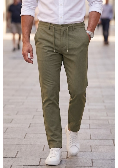 Rizzup Erkek Slim Fit Çizgili Haki Kumaş Pantolon İpli Esnek Bel Likralı Spor Pantolon 2700240