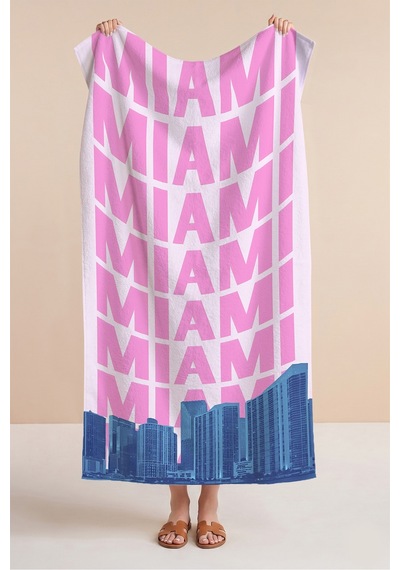 Miami Yazılı Amerika Temalı Plaj Havlusu - Pembe Mavi Skyline Havuz Deniz Banyo Sahil Örtüsü İnci Zeytin