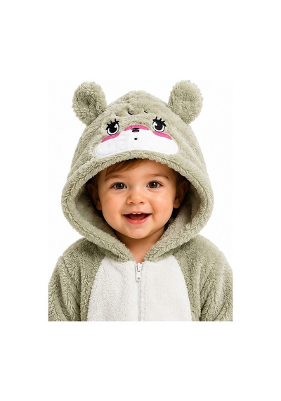 Tatlı Ayıcık Desenli Welsoft Peluş Kapüşonlu Fermuarlı Kışlık Unisex Bebek Tulumu 40197 Yeşil