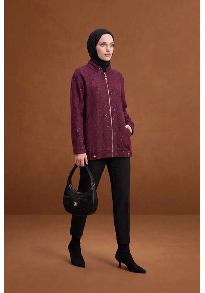 Armine Trend Fermuar Detaylı Taş Süslemeli Cepli Uzun Tesettür Ceket 25kt507 Bordo