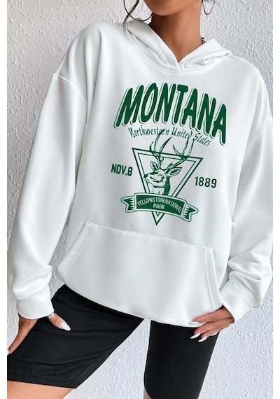 Uyguntarz Unisex Montana Baskılı Sweatshirt beyaz
