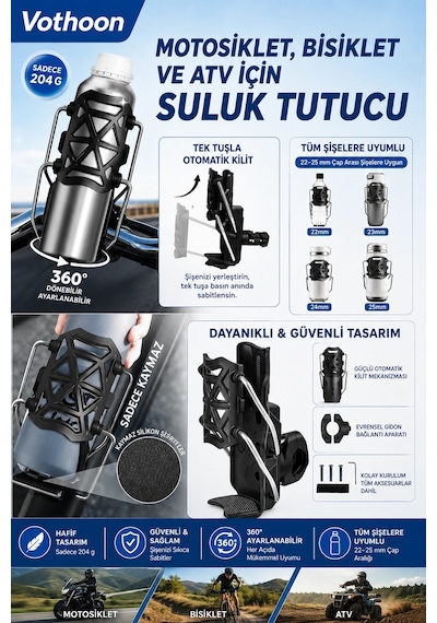Bisiklet Motosiklet Atv Ve Scooter Uyumlu Matara Suluk Tutucu Gidon Bağlantılı Esnek Gövdeli Şişe Ap Siyah