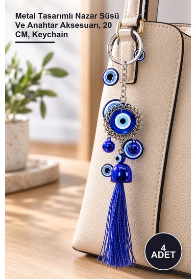4 Adet Metal Nazar Boncuğu Anahtarlık Metal Tasarımlı Nazar Süsü Ve Anahtar Aksesuarı, 20 Cm, Keychain