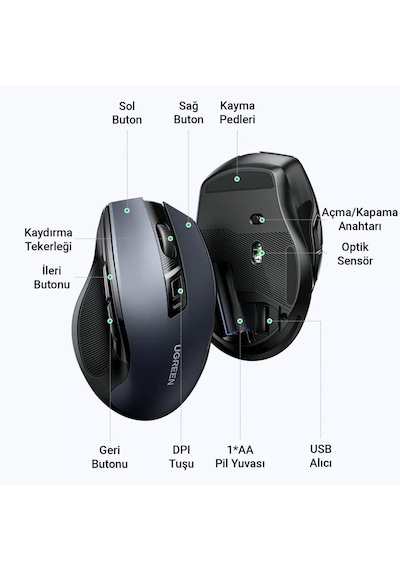 Ugreen 2.4GHz Kablosuz  4000DPI Sessiz Optik Mouse