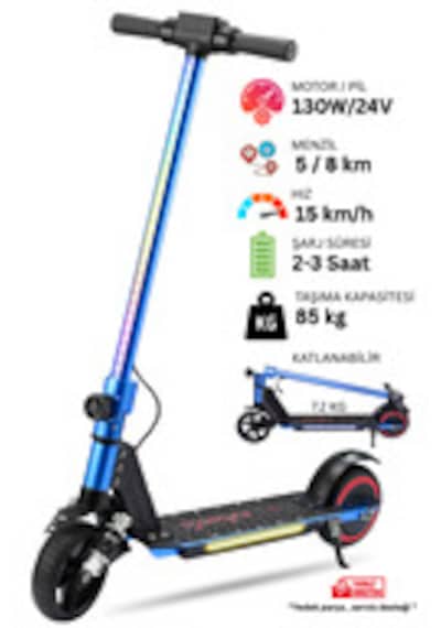 Elektrikli Çocuk Scooter - Çift Frenli Katlanabilir - Led Işıklı - Ön Çift Süspansiyonlu 8+ Mavi