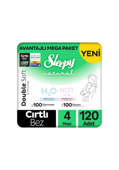 Sleepy Natural Double Soft Avantajlı Mega Paket Bebek Bezi 4 Numara Maxi 120 Adet