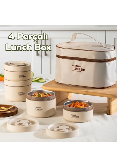Porsima Bl25231 Isı Yalıtımlı Çanta Paslanmaz Çelik 4 Parça Vakumlu Yemek Termosu Beslenme Kutusu Taşınabilir Lunch Box Sefer Tası Krem