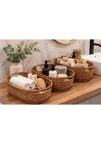Üçlü Oval Rattan Sepet Açık Kahverengi