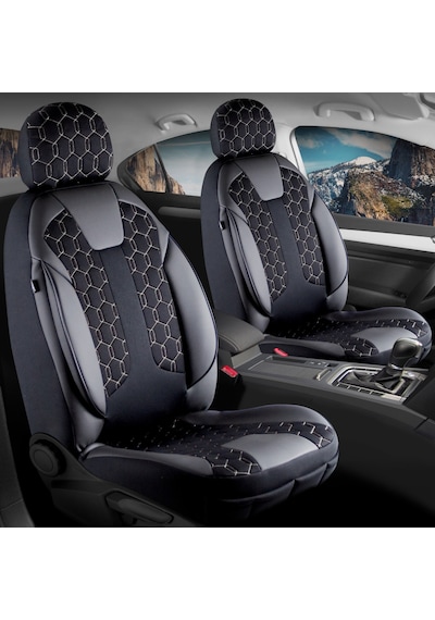 Hyundai İ20 Active Deri Detaylı Oto Koltuk Kılıfı Ön Arka Set Cyrus Siyah Beyaz