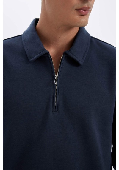 DeFacto Regular Fit Polo Yaka Yarım Fermuarlı Basic Düz Sweatshirt D2279AX24AUNV125 Lacivert