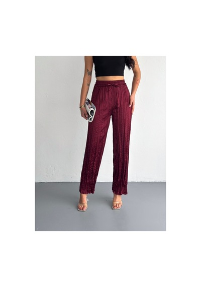 Gugus Kadın Saten Pantolon Trend Wide Leg Model Bordo