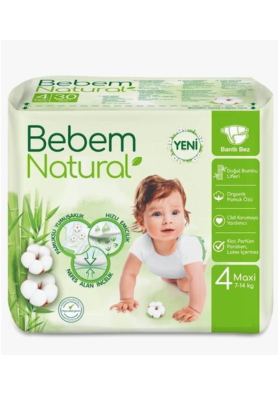 Bebem Natural Bebek Bezi 4 Numara 7 - 14 KG Maxi Fırsat Paketi 52 Adet