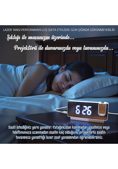 Upway Projektörlü Aynalı Alarmlı Şarjlı Dijital Masa Saati - Şık Dekoratif Fonksiyonel Beyaz