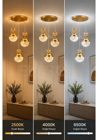 3'lü Gold Kristal Sarkıt Avize, Led Modern Salon Yemek Masası Mutfak Dekoratif Avize, 20 X 25 Cm Diğer