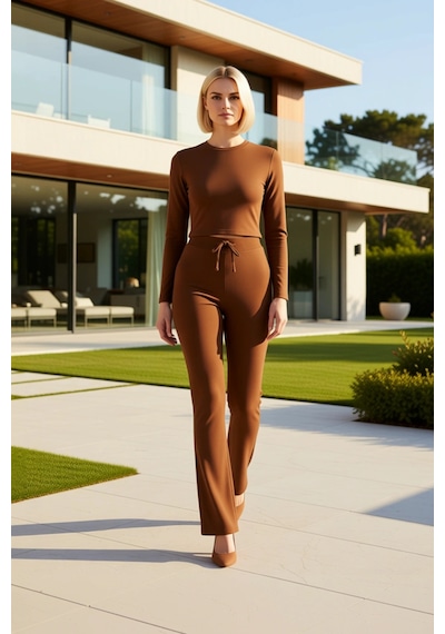 Benerly Kadın Alt Üst Düz Renk Fit Kesim Uzun Kollu Crop Üst Rahat Kalıp Kahverengi Benerly Kadın Alt Üst Düz Renk Fit Kesim Uzun Kollu Crop Üst Rahat Kalıp Kahverengi
