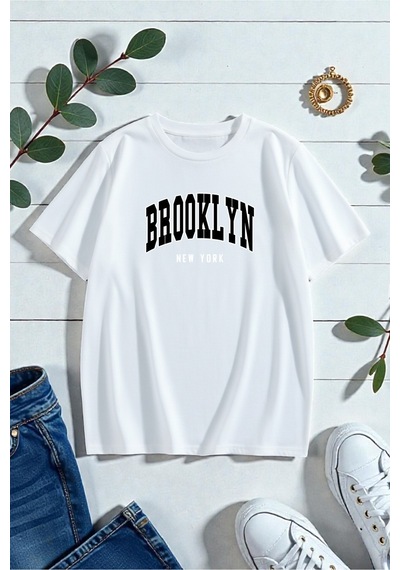 Uyguntarz Unisex Brooklyn New York Baskılı Tasarım Tshirt Beyaz
