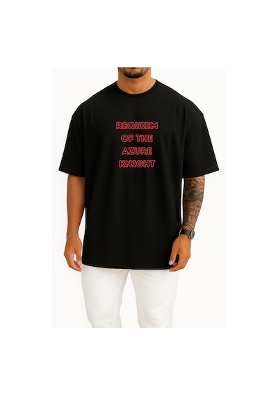 Bahriyeli Collection Oversize Requiem Of The Azure Knight Anime Göğüs Baskılı Unisex T-shirt Siyah