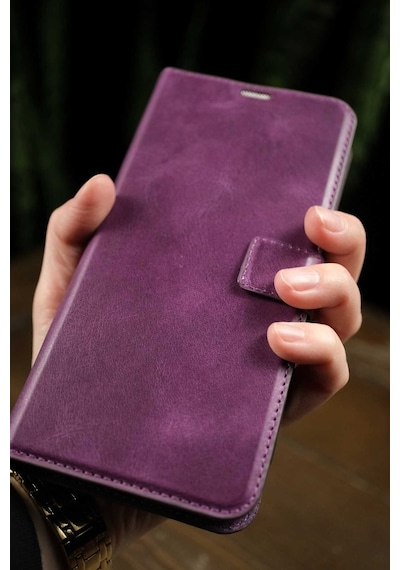 Oppo A6t Hakiki Deri Cüzdanlı Kapaklı Kaliteli Lüks Cüzdan Kılıf Mor