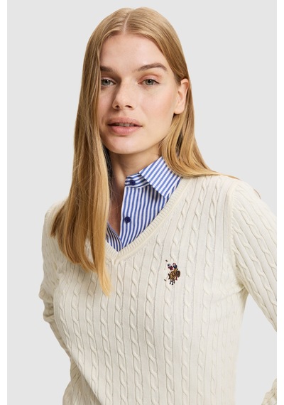 U.S. Polo Assn. Kadın Krem Melanj V Yaka Basic Kazak 50327575-vr159