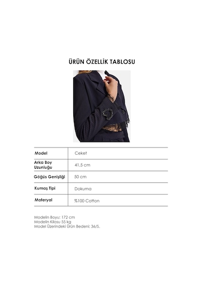 Kadın Laci Çizgili W6-56 Dantel Ve Aksesuar Detaylı Crop Kruvaze Tasarım Ceket Lacivert Kadın Laci Çizgili W6-56 Dantel Ve Aksesuar Detaylı Crop Kruvaze Tasarım Ceket Lacivert