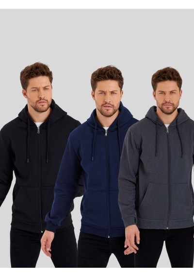 MMetalic Siyah-Antrasit-Lacivert Kanguru Cepli Kapüşonlu Fermuarlı İçi Pamuklu 3'Lü Erkek Sweatshirt