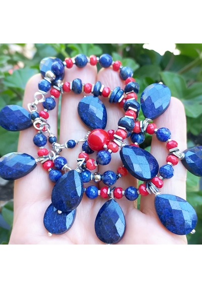 2745 Lapislazuli Mercan Hematit Çelik Aparatlı El Yapımı Kolye Çok renkli
