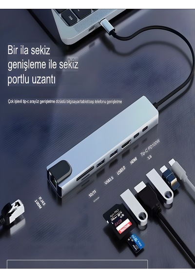 8in1 Aluminium Pd100w Hızlı Şarj Çoklayıcı Çevirici 4k 1xethernet 1xhdm 2xusb 2xtype-c Tf/sd Usb Gri