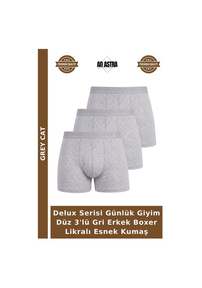 Grey Cat Delux Serisi Günlük Giyim Düz 3'lü Gri Erkek Boxer Likralı Esnek Kumaş