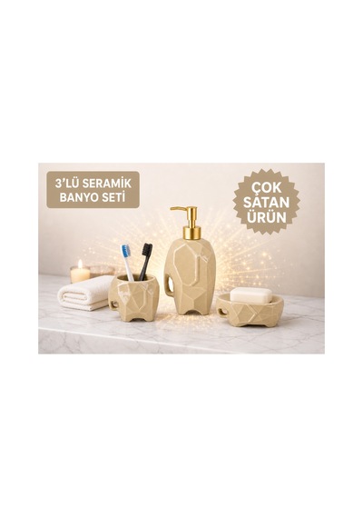 3 Lü Seramik Fil Figürlü Bej Dekoratif Banyo Seti,diş Fırçalık+sıvı Sabunluk+katı Sabunluk Bej