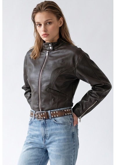 Mixray 2217 Kadın Dik Yaka Fermuarlı Deri Biker Ceket Kahve