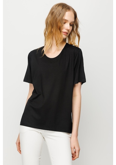 Kadın Sıfır Yaka Basic Penye T-shirt Siyah SIYAH