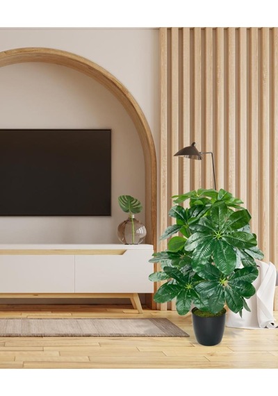 Yapay Çiçek Saksıda Şeflera Bitkisi 18Dal 75cm Salon Çiçeği Yapay Bitki Pachira Macrocarpa