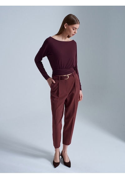 Dilvin 72193 Süet Kemerli Pensli Kumaş Pantolon-bordo Bordo