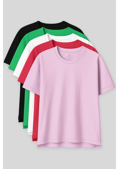 Oversize Fit Basic O Yaka 5li Paket Kadın T-shirt - 97285 Siyah - Beyaz - Yeşil