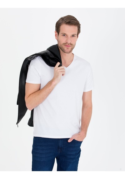 Pierre Cardin Beyaz Slim Fit V Yaka Basic Tişört