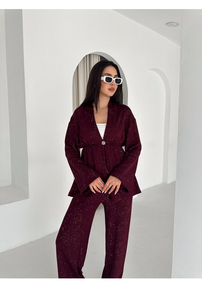 Kadın Simli Uzun Kol Modal Kumaş Kimono Pantolon İkili Takım Şık Ve Rahat Kadın Takım Bordo Kadın Simli Uzun Kol Modal Kumaş Kimono Pantolon İkili Takım Şık Ve Rahat Kadın Takım Bordo