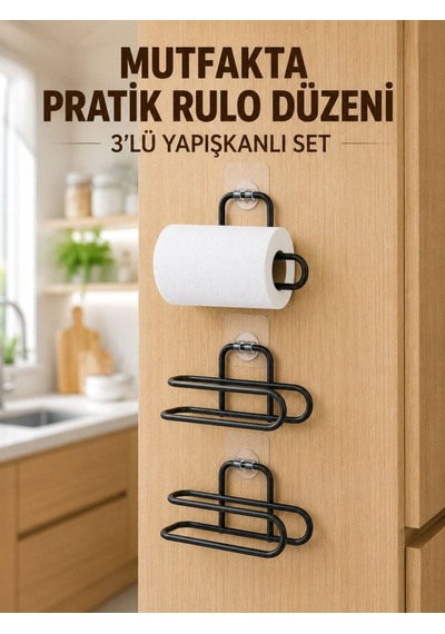 3 Lü Yapışkanlı Wc Kağıtlığı Siyah Rulo Tutucu Banyo Ve Mutfak Kullanımı Taba