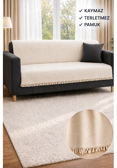 Sevhome Concept %100 Pamuk Kaymaz & Terletmez & Saçaklı & Yumuşak Koltuk Örtüsü-tek Ve Çift Kişilik Koltuklar İçin- 170 X 200 Cm Ekru