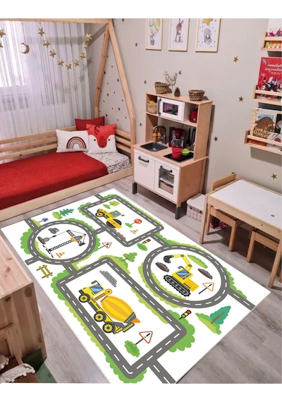 Trafik Çocuk Oyun Halısı Kaymaz Makinede Yıkanabilir Oyun Matı 1 Çok Renkli