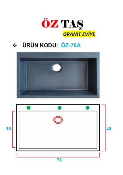 Öztaş ÖZ-78a Granit Mutfak Eviye Antrasit Tek Gözlü 50 x 78 CM