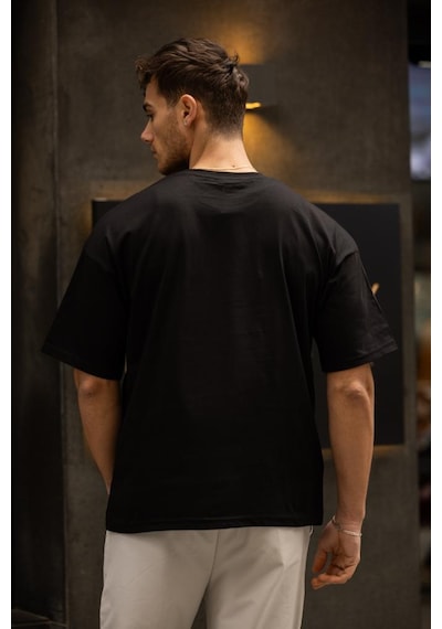 Gravel Oversize Bisiklet Yaka Pamuklu T-shirt - Siyah Siyah