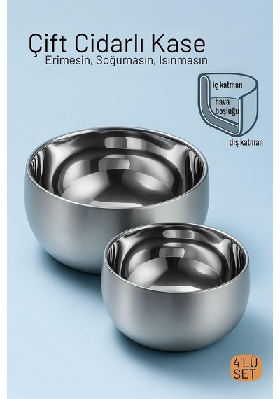 Çift Cidarlı Isı Yalıtımlı 4'lü Lüks Kase Seti Premium 304 Paslanmaz Çelik 16cm & 18cm , 7220191 Çok Renkli