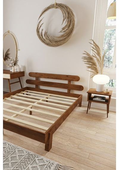 Damla 2 Başlıklı Masif Ahşap Karyola Ve 2 Adet Ceviz 90x190