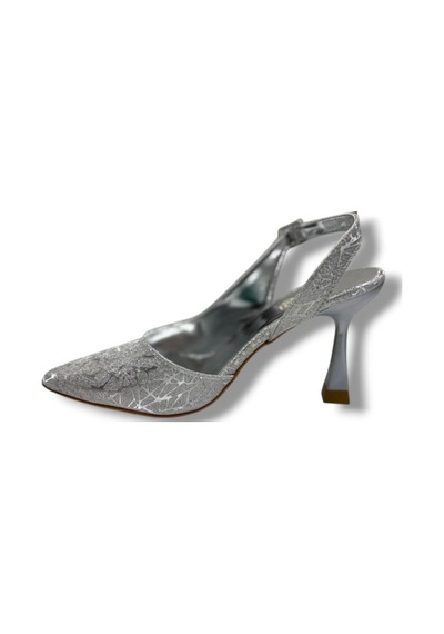 Mengi 685-26 Parlak Simli Saten İnce Topuk Arkası Açık Kadın Stiletto 9cm GÜMÜŞ