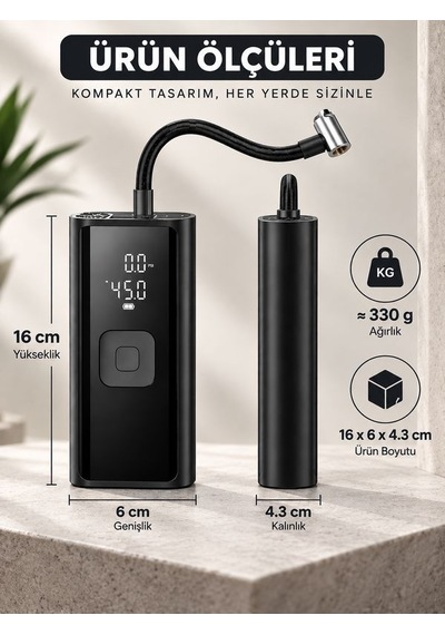 150 Psı Şarjlı Hava Kompresörü 4500mah Lcd Ekranlı Taşınabilir